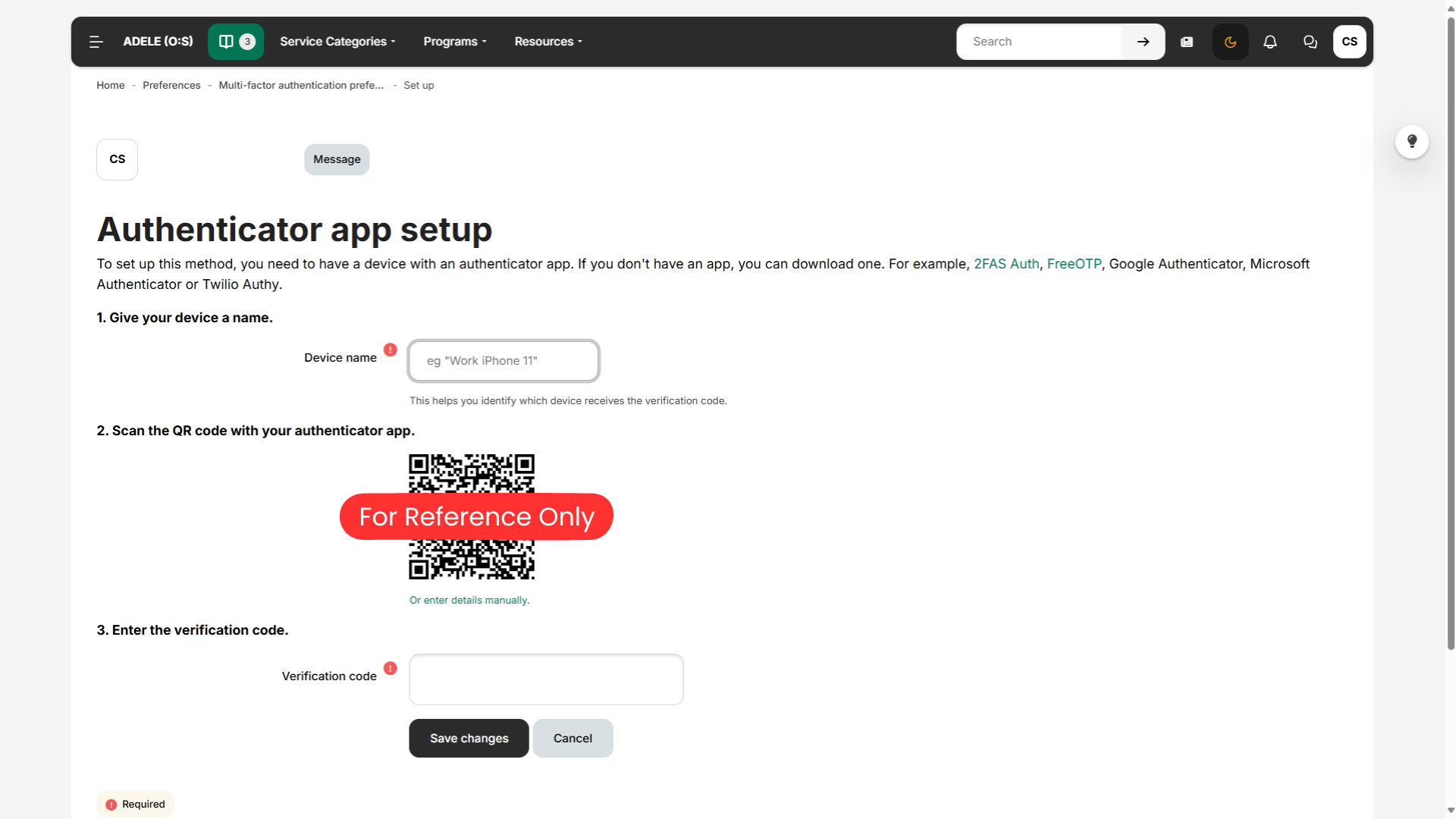 Screenshot showing ADELE QR code for authenticator app