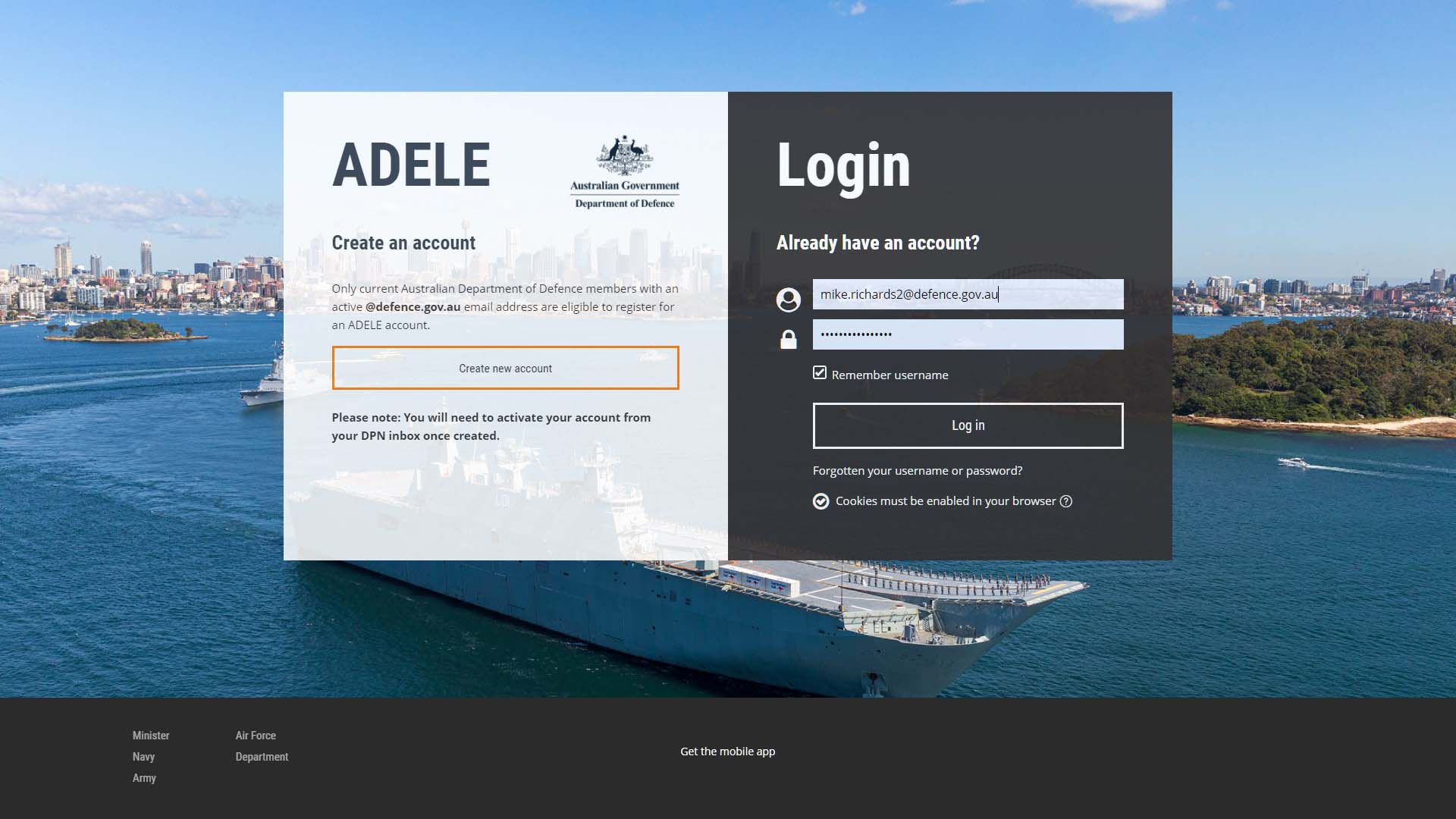 ADELE (O:S) Log-in Screen with name and password entered